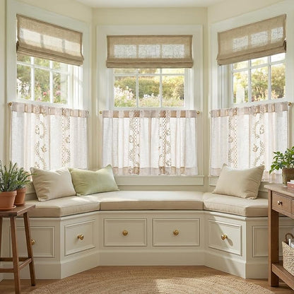 jinchan Belrose Linen Floral Kitchen Curtains 24 inch Length Embroidered Farmhouse Cafe Curtains for Living Room Bathroom Small Windows Curtain Set Sheer Light Filtering 2 Panels Beige