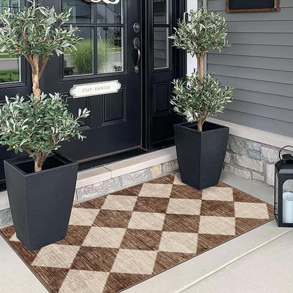 Front Door Mat Indoor Entrance - 2x4.3 Ft Brown Beige Non-Slip Washable Outdoor Porch Rug Doormats Geometric Checkered Diamond Runner Rug for Front Door Kitchen Hallway Bedroom Laundry Room