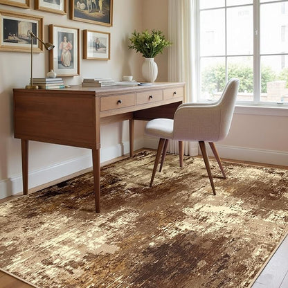 Washable Area Rugs 4'x6' Non-Slip Modern Abstract Soft for Living Room Entryway Bedroom Nursery, Print Pattern, Brown Tan Beige Coffee