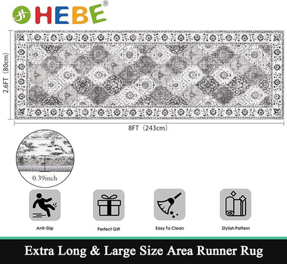 HEBE Hallway Runner Rug 2'8''x8' Washable Vintage Distressed Area Rugs Non Slip Laundry Rug Runner Boho Floor Carpet Runners for Hallways Entryway Laundry Room Kitchen Bathroom