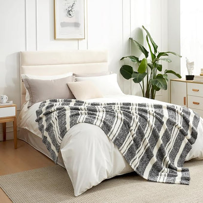 Snuggle Sac Heather Throw Blanket for Couch, Reversible Super Soft Blankets Warm Cozy Knit Fuzzy Plush Lightweight for Sofa, Bed, Camping, Picnic (Stripe Black, Queen (90"x90"))