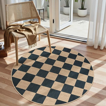 Lahome Colette Checkered 4 ft Easy Jute Round Rug, Washable Small Rugs for Entryway Patio, Farmhouse Non Slip Non Shedding Indoor Outdoor Circle Carpet for Kitchen Porch