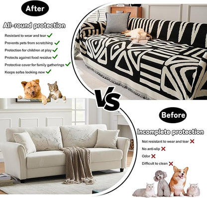 HANDONTIME Boho Sofa Covers for Dogs Black Couch Sofa Covers for 3 Cushion Couch Sofa Beige Chenille Sofa Slipcover Washable Sectional l Shaped Covers Pets Protector Furniture Covers, 91" X118"