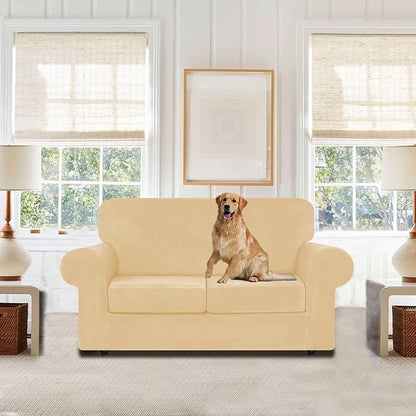 WEERRW Velvet Couch Covers for 2 Cushion Couch Sofa - High Stretch Luxury Velvet Plush 3 Pieces Sofa Slipcovers with Elastic Bottom, Furniture Protector for Pets, Machine Washable, Champagne, Medium