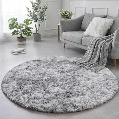 Amdrebio Tie-Dyed Light Grey Round Rugs for Living Room, 8x8 Rug, Extra Large Circle Area Rug for Bedroom, Soft Fluffy Carpet, Modern Floor Circular Rug, Big Shaggy Farmhouse Rug for Apartment