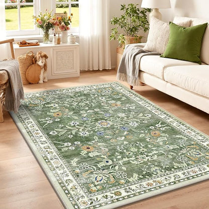 Yamaziot Washable Area Rug 3x5 – Small Non Slip Boho Area Rug for Bedroom, Low Pile Distressed Carpet for Living Room, Bedroom, Kitchen, Entrance, Green