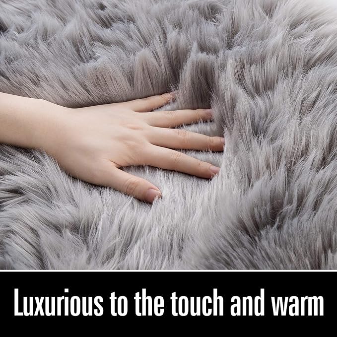 LOCHAS Soft Fluffy Faux Fur Rugs for Bedroom Bedside Rug 2x4 Feet, Washable, Furry Sheepskin Area Rug for Living Room Girls Room, Luxury Shag Carpet Home Decor, Grey