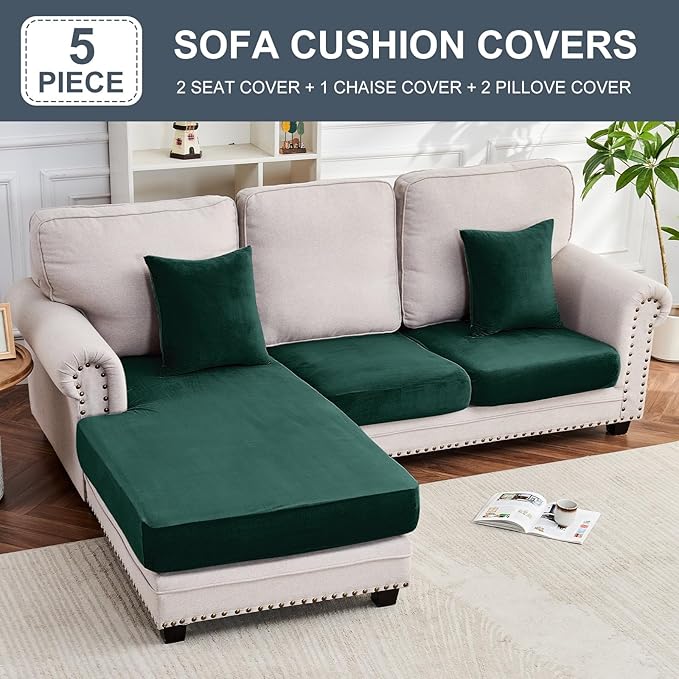 Couch Cover 3-Piece Elastic Velvet Couch Cushion Covers & Chaise Slipcovers for L-Shaped Sofas, Sofa Seat Covers Washable, Soft Cover for Couches (2 Seater + Chaise, Christmas Green)