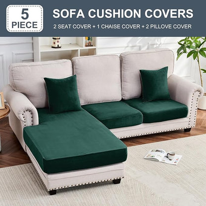 Couch Cover 3-Piece Elastic Velvet Couch Cushion Covers & Chaise Slipcovers for L-Shaped Sofas, Sofa Seat Covers Washable, Soft Cover for Couches (2 Seater + Chaise, Christmas Green)