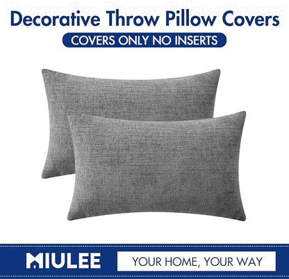 MIULEE Pack of 2 Couch Throw Pillow Covers 12x20 Inch Soft Dark Gray Chenille Lumbar Pillow Covers for Sofa Living Room Solid Dyed Cases