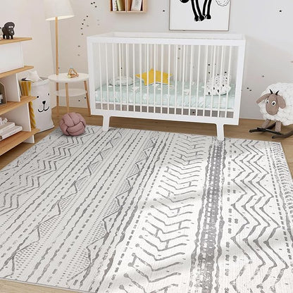 Nakagishi Area Rugs 9x12 Living Room: Washable Boho Large Neutral Modern Soft Farmhouse Rug Stain Resistant Indoor Non-Slip Accent Carpet for Bedroom Nursery Kids Playroom Office Dining Room- Gray