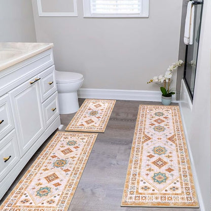 HEBE Boho Kitchen Rug Sets 3 Piece with Runner Non Slip Kitchen Rugs and Mats Washable Kitchen Mats for Floor Thick Kitchen Floor Mat Carpet Runner Rugs for Hallway Laundry Holiday Decor