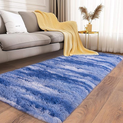 Soft Runner Rugs for Bedroom Hallways, 2x6 Abstract Blue White Fluffy Shag Throw Area Rug Non Slip for Bedside Dorm, Long Shaggy Furry Carpet for Nursery Living Room