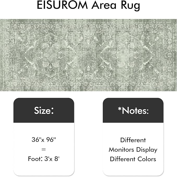 Washable 3x8 Runner Rug - Non-Slip Vintage Runner Rug for Entryway Low-Pile Medallion Long Rugs for Hallway Waterproof Traditional Runner Rug Indoor Thin Rug for Kitchen (Muted Sage Green)