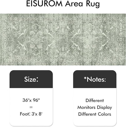 Washable 3x8 Runner Rug - Non-Slip Vintage Runner Rug for Entryway Low-Pile Medallion Long Rugs for Hallway Waterproof Traditional Runner Rug Indoor Thin Rug for Kitchen (Muted Sage Green)