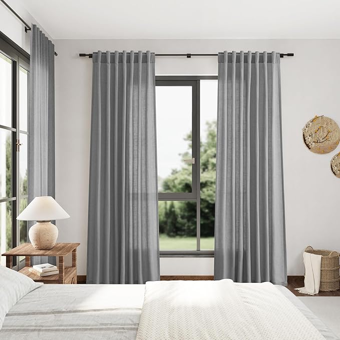 Extra Long Dark Grey Linen Curtains 2 Panels 102 Inches Long for Living Room Cotton Linen Textured Window Curtain Back Tab Rod Pocket Light Filtering Semi Sheer Drapes 102 Inch Length for Bedroom