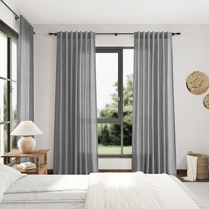 Extra Long Dark Grey Linen Curtains 2 Panels 102 Inches Long for Living Room Cotton Linen Textured Window Curtain Back Tab Rod Pocket Light Filtering Semi Sheer Drapes 102 Inch Length for Bedroom