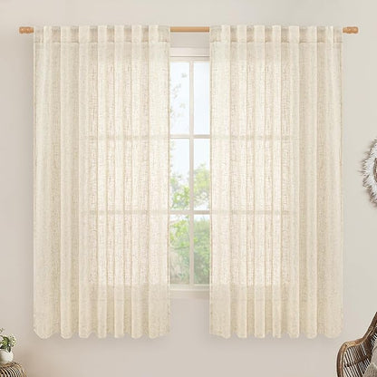 LAMIT Linen Curtains 63 Inch for Bedroom, Light Filtering Neutral Semi Sheer Window Curtains Back Tab and Rod Pocket Panels for Living Room, 2 Panels, Beige, 60 x 63 Inch