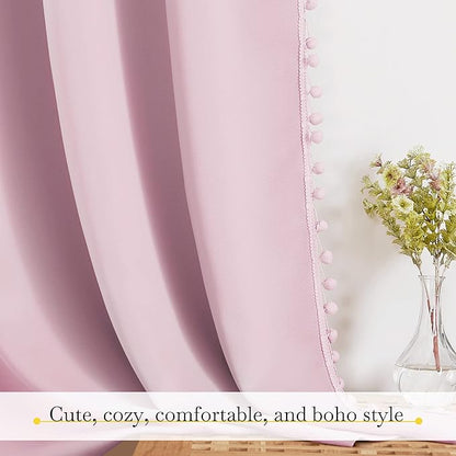 NICETOWN Pom Pom Blackout Curtains for Girls Bedroom Boho Pink Window Curtains for Nursery Rod Pocket Thermal Insulated Living Room Darkening Curtain Panels for Play Room, 52" W x 84" L, 2 Panels