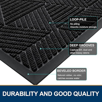 Smiry Half Circle Front Door Mat Outside Entrance, Heavy Duty Sturdy Natural Rubber Doormat, Trap Dirt and Moisture, Low Profile Mats for Indoor Outdoor Entry, Irregular Triangle (47x32, Black)