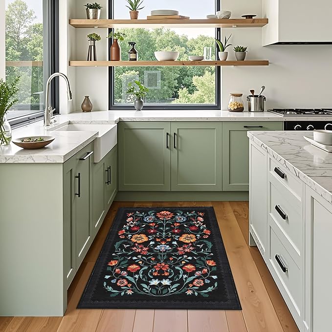 Floral Rug for Entryway 2x3 Rugs Machine Washable Boho Small Area Rug Non-Slip Low-Pile Front Door Soft Mat for Entrance, Bedroom, Kitchen, Laundry, Bathroom, Black