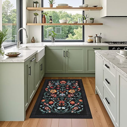 Floral Rug for Entryway 2x3 Rugs Machine Washable Boho Small Area Rug Non-Slip Low-Pile Front Door Soft Mat for Entrance, Bedroom, Kitchen, Laundry, Bathroom, Black