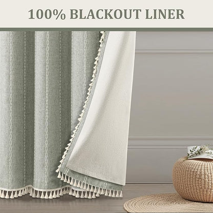 Boho Blackout Curtains 96 Inches Long Sage Green Linen Blend 2 Panels with Tassels and Cotton Embroidery, Farmhouse Vintage Rustic Rod Pocket Drapes for Living Room or Bedroom