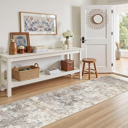 UERMEI 2X8 Washable Runner Rug for Hallway: Soft Neutral Modern Abstract Area Rug - Non-Slip Low Pile Long Throw Indoor Carpet for Kitchen Entryway Kitchen Bedroom Laundry- Brown Grey