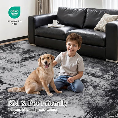 Rugflix 9x12 Area Rugs for Living Room, Washable Large Rug Stain-Resistant Low Pile, Modern Dark Carpet for Dining Room Home Office Kid Room Nursery Bedroom, Black Grey