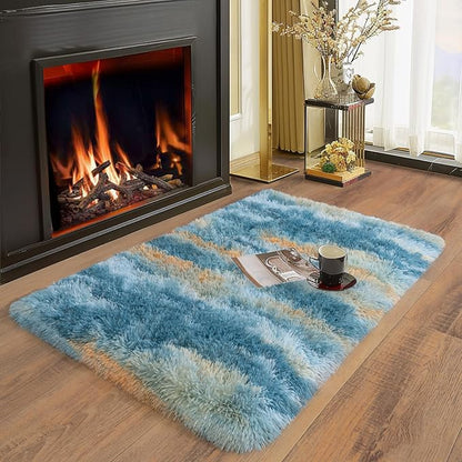 Soft Runner Rugs for Bedroom Hallways, 2x3 Abstract Blue Fluffy Shag Throw Area Rug Non Slip for Bedside Dorm, Long Shaggy Furry Carpet for Nursery Living Room