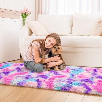 Tepook Soft Rainbow Rug for Girls Room, Cute Fluffy Girls Bedroom Rugs, 2x6 Feet Shaggy Princess Rug Colorful Carpet for Kids Teens Toddler Playroom Nursery Reading Nook, Hot Pink