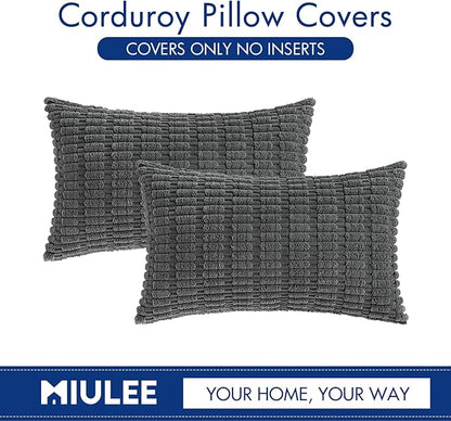 MIULEE Pack of 2 Corduroy Decorative Lumbar Throw Pillow Covers 20x12 Inch Soft Boho Striped Pillow Covers Modern Farmhouse Home Decor for Sofa Living Room Couch Bed Dark Grey