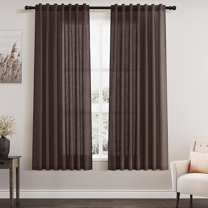 Nanspring Coffee Linen Curtains for Living Room Back Tab Rod Pocket Semi Sheer Curtain 63 Inches Long 2 Panel Set Boho Light Filtering Neutral Farmhouse Lightweight Drapes for Bedroom 52x63