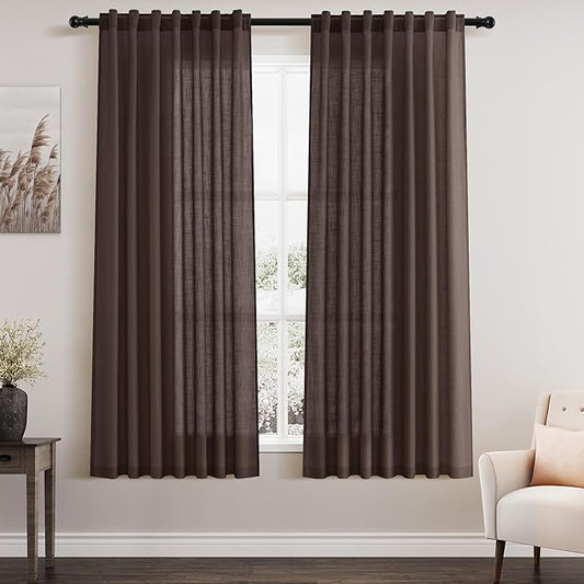 Nanspring Coffee Linen Curtains for Living Room Back Tab Rod Pocket Semi Sheer Curtain 63 Inches Long 2 Panel Set Boho Light Filtering Neutral Farmhouse Lightweight Drapes for Bedroom 52x63