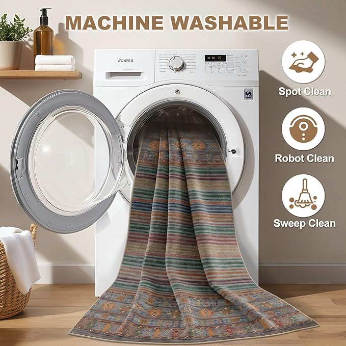 Nakagishi 5X7 Area Rugs Living Room: Washable Large Vintage Rug Neutral Non-Slip Soft Stain Resistant Indoor Carpet for Bedroom Nursery Dining Room Office Playroom - Multi Color