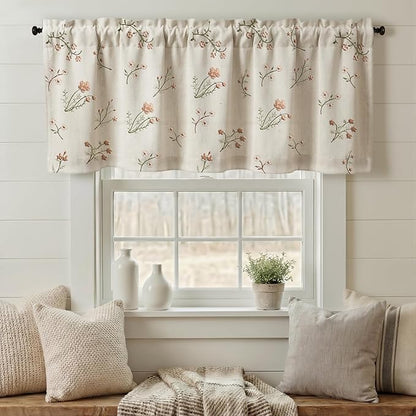Kitchen Valances for Windows, Floral Embroidered Spring Linen Blend Farmhouse Cottage Vintage Light Filtering Valance Rod Pocket Window Treatment, 52 x 18 Inch, 1 Panel