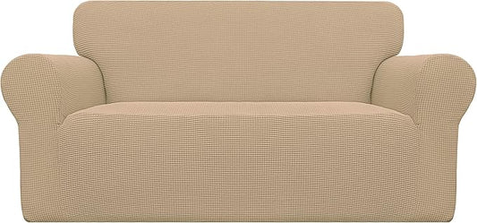 Easy-Going Stretch Loveseat Slipcover 1-Piece Sofa Cover Furniture Protector Couch Soft with Elastic Bottom for Kids Polyester Spandex Jacquard Fabric Small Checks (Loveseat, Sand)