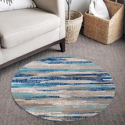 Lansny Modern Abstract Round Rug 3Ft, Blue Round Rug Washable Non-Slip Soft Small Circle Rug, Circular Entryway Rugs Thin Print Faux Wool Carpet Accent Rug for Bedroom Living Room Office Under Desk