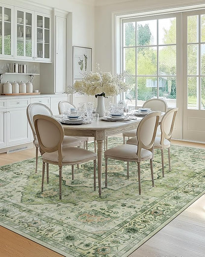 AMADA HOMEFURNISHING 8x10 Area Rug, Washable Low-Profile Large Area Rug with Non-Slip Backing & Durable Edge Binding, Vintage Large Rugs for Living Room, Bedroom