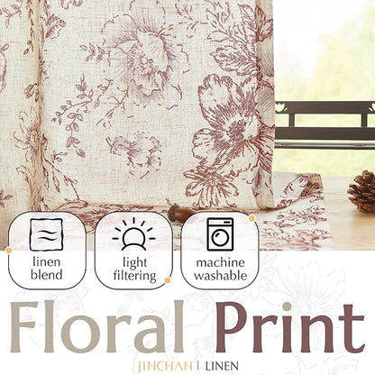 jinchan Linen Blend Curtain Floral Curtains for Living Room 96 Inch Length Farmhouse Brick Red Printed Curtain Rod Pocket Back Tab Peony Flower Patterned Drapes Curtains Set 2 Panels