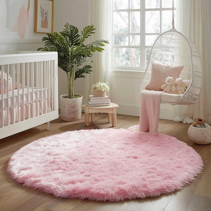Pink Round Area Rugs 6Ft for Bedroom Living Room, Big Fluffy Shag Circle Rug for Kids Playroom, Cute Preppy Room Decor for Teen Girls, Cozy Fuzzy Furry Plush Carpets for Baby Nursery, Dorm, Classroom
