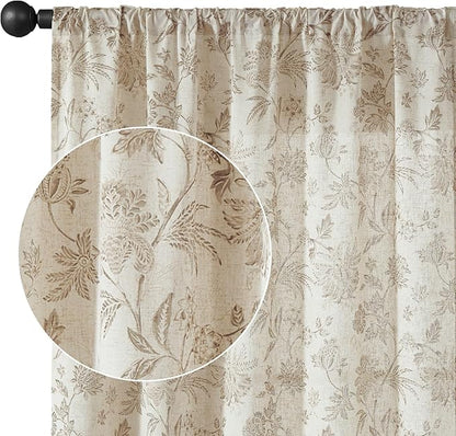 jinchan Linen Floral Curtains for Living Room with Printed Flower 63 Inches Long Light Filtering French Country Back Tab Rod Pocket Taupe Window Curtain Set Farmhouse Drapes 2 Panels Taupe