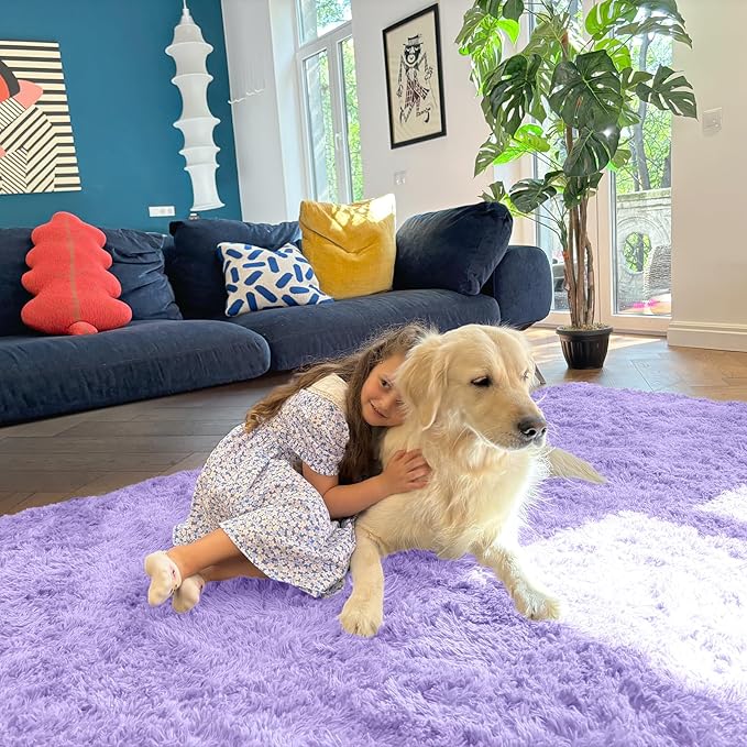 OLANLY 9x12 Machine Washable Large Area Rugs for Living Room, Bedroom, Soft Fluffy Shaggy Bedside Rug, Indoor Floor Carpet for Kids Girls and Boys, Dorms, Nursery, Home Decor Aesthetic, Light Purple