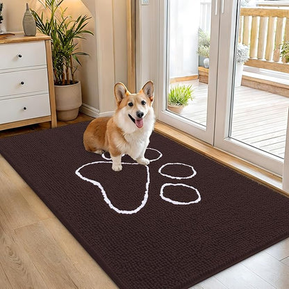 OLANLY Dog Door Mat for Muddy Paws 54x32, Paw Print Design, Absorbs Moisture and Dirt, Absorbent Non-Slip Washable Doormat, Quick Dry Chenille Mud Mat for Dogs, Entry Indoor Entryway Carpet, Brown
