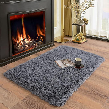 Ultra Soft Runner Rugs for Bedroom Hallways with Upgraded Non-Slip Rubber Backing & Thick Memory Sponge, 2x3 Feet Fluffy Shag Throw Area Rug for Bedside Dorm Dark Grey