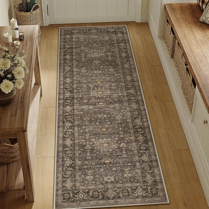 2'6x12 Washable Runner Rug for Hallway Kitchen Vintage Brown Non Slip Low Pile Carpet Traditional Retro Soft Throw Rug for Bathroom Bedroom Entryway Indoor Entrance