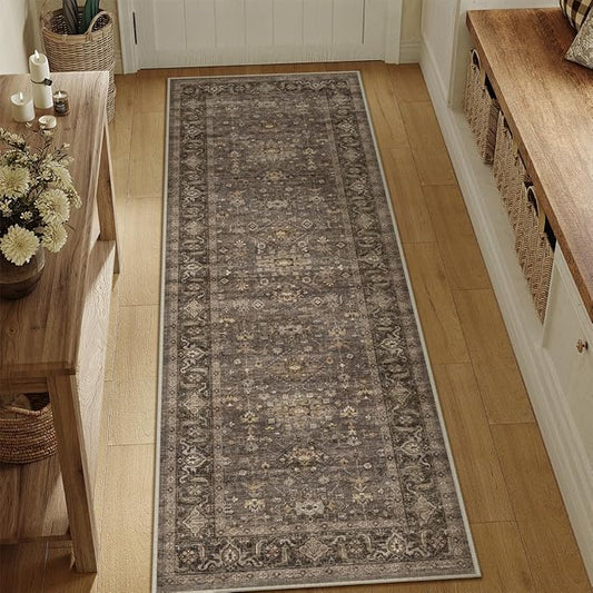 2x6 Washable Runner Rug for Hallway Kitchen Vintage Brown Non Slip Low Pile Carpet Traditional Retro Soft Throw Rug for Bathroom Bedroom Entryway Indoor Entrance