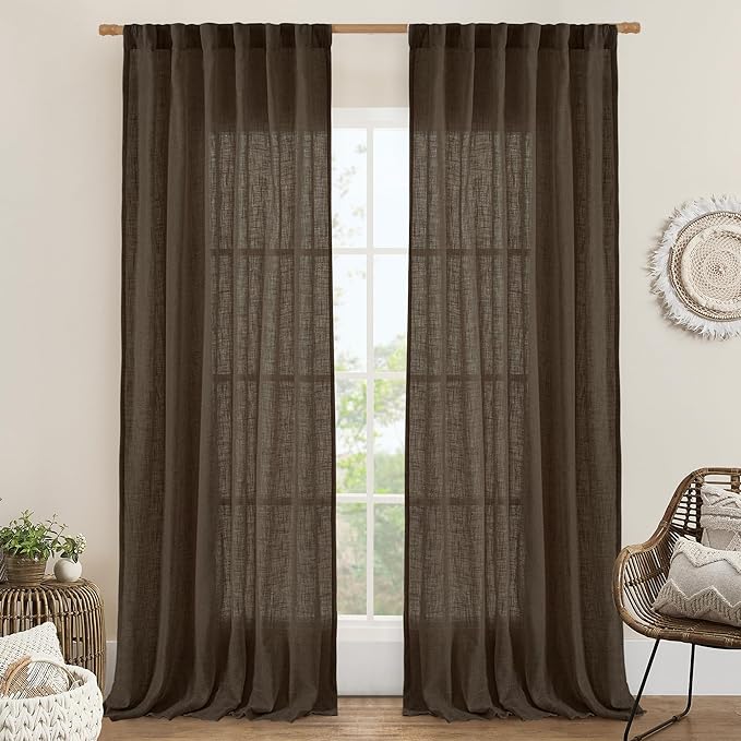 LAMIT Dark Brown Sheer Linen Curtains, 108 inch Light Filtering Semi Sheer Panels Back Tab and Rod Pocket Farmhouse Drapes for Bedroom/Living Room, 2 Panels, 52 x 108 Inch