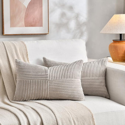 Fancy Homi 2 Packs Neutral Taupe Lumbar Decorative Throw Pillow Covers 16x26 Inch for Living Room Couch Bed Sofa, Farmhouse Home Decor, Soft Striped Corduroy Rectangle Accent Cushion Case 65x40 cm