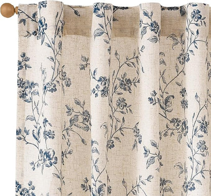 Lazzzy Blue Floral Linen Curtains 90 Inch Farmhouse Back Tab Drapes for Living Room Bedroom Light Filtering Vintage Grandmillennial Rod Pocket Curtains, 2 Panels, W38 x L90, Blue on Beige